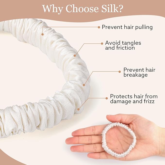 5 Pcs 19 Momme Pure Mulberry Silk Skinny Scrunchies and Ponytail Holders for Women's Hair Sleep