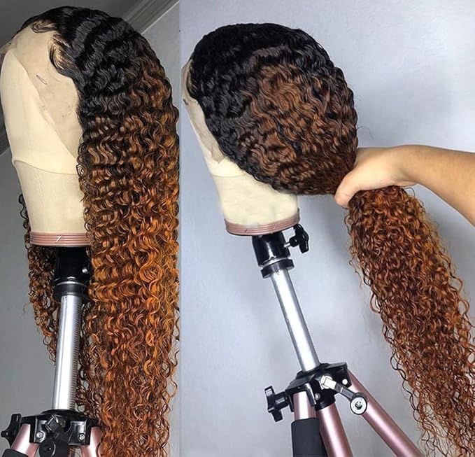 Ombre Brown Lace Front Wigs Human Hair Pre Plucked Curly Wave Brazilian Virgin Hair 13X4 HD Transparent Lace Frontal Wigs with Baby Hair 180% Density 16 Inch