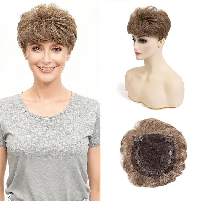 Short Hair Topper for Thinning Hair 4 Inch Short Pixie Cut Toppers Pieces Natural Curly Synthetic Wiglets Hairpieces (Brown mix Natural Blonde, 4 inch)