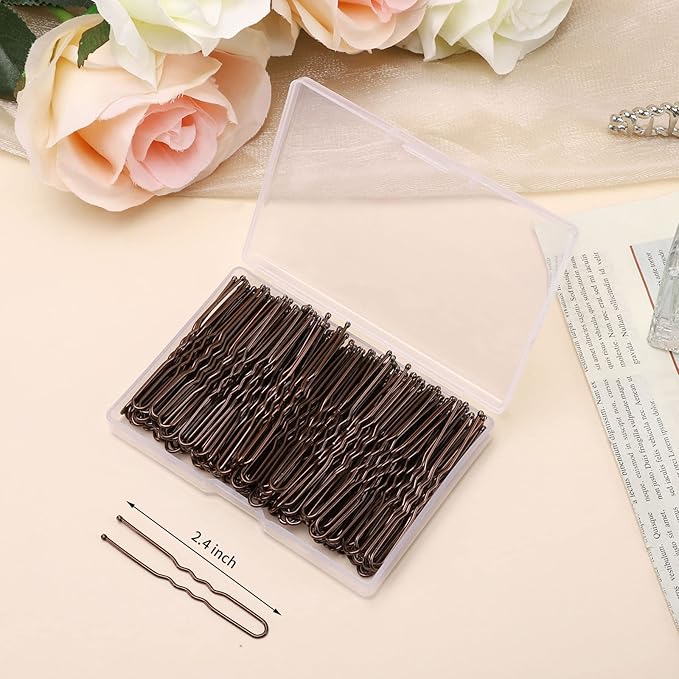 U Shaped Hair Pins, 200 Count Buns Waved Hair Pins for Updos with Box for Women Lady Girls Bobby Pins French Historical Hair Styling Pins Hair Accessories (Brown, 2.4 Inch)