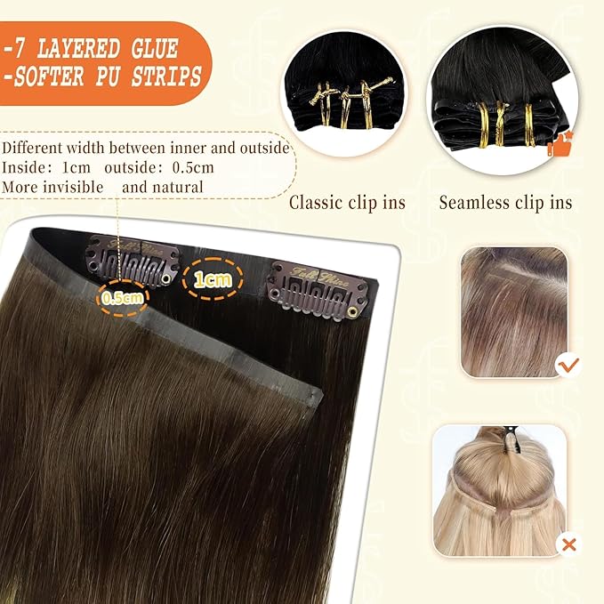 Full Shine Seamless Hair Extensions Clip in 20 Inch Clip in Extensions Ombre Dark Brown to Light Brown with Honey Blonde Thick Ends Human Hair Softness 8 PCS 120 G