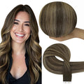 Full Shine Invisible Tape in Hair Extensions Human Hair Color 4/24/4 Medium Brown Fading to Blonde Highlight Double Sided Extensions Insert Virgin Tape in Extensions 25Grams 10Pcs 22Inch Daily Wear