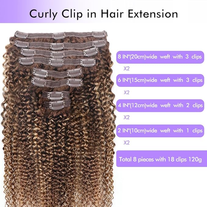 Curly Clip In Hair Extensions Real Human Hair Clip Ins Balayage Chocolate Brown to Caramel Blonde Human Hair Extensions 8Pcs with18clips 120g/Set (22 inch，#4/27/4)