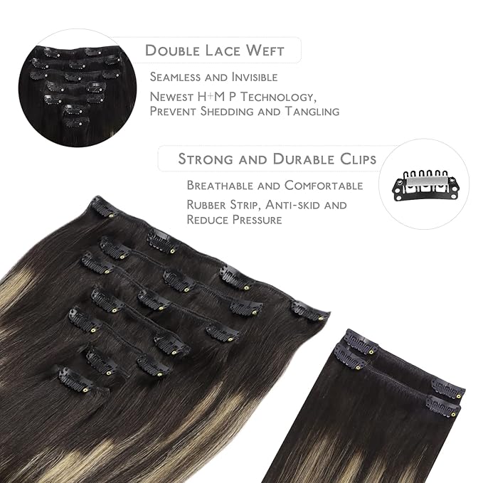 WENNALIFE Clip in Hair Extensions Real Human Hair, 16 Inch 150g 9pcs Balayage Natural Black to Light Blonde Remy Hair Thicker Double Weft Extensiones De Cabello Humano Con Clip Ins Straight Full