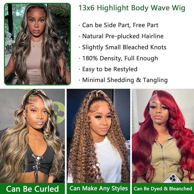 FB/27 Balayage Highlight Lace Front Wig Human Hair 13x6 HD Lace Front Wigs Human Hair Body Wave Wig 180% Density Glueless Wig for Black Women Colored Wigs Human Hair 18 Inch Highlight Wig