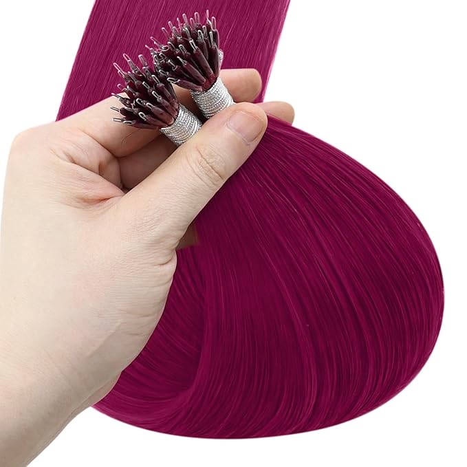YoungSee Nano Ring Hair Extensions Magenta 22 inch Nano Bead Hair Extensions Human Hair Burgundy Nanobead Human Hair Extension Colored Nano-Ring Hair Extension Real Human-hair 1g/s 25g 25s