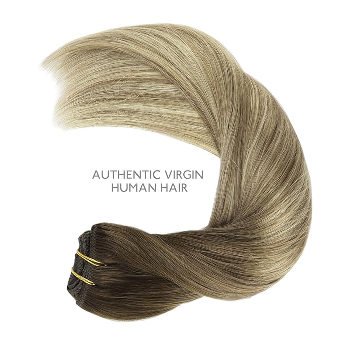 WENNALIFE Clip in Hair Extensions Real Human Hair, 14 Inch 120g 7pcs Ombre Walnut Brown to Ash Brown and Bleach Blonde Clip in Human Hair Remy Clip in Hair Extensions Real Human Hair Double Weft