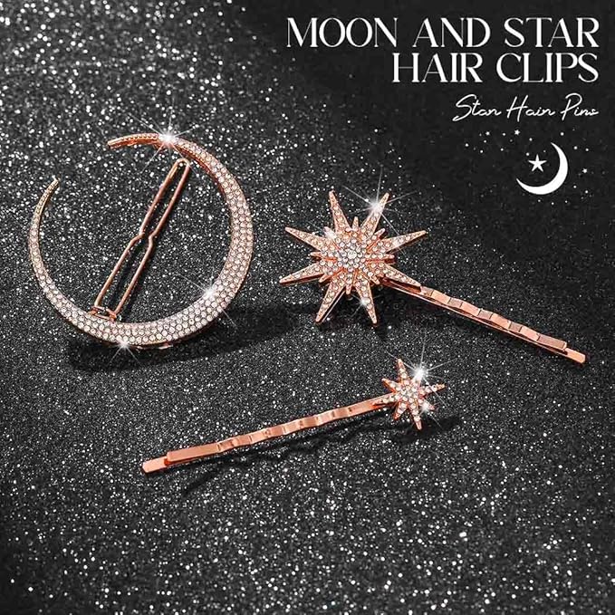BARTOSI Moon Star Hair Clips Rose Gold Rhinestone Hair Pins Crystal Bobby Pins Bride Wedding Celestial Hair Accessories for Women and Girls (Pack of 3)