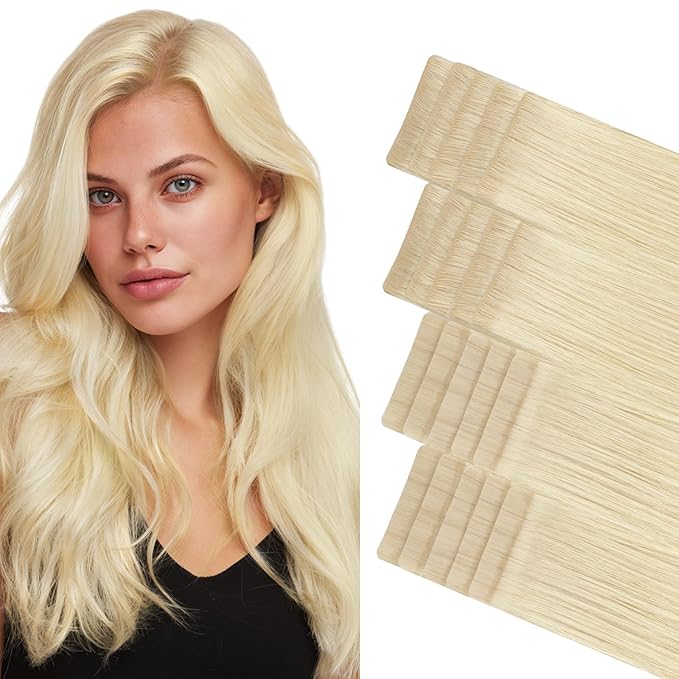 GOO GOO Invisi Edge Tape in Hair Extensions Human Hair, 613R Bleach Blonde 10pcs injected with 10pcs classical tape ins, 24inch 50g, Virgin Remy Hair, Natural Look