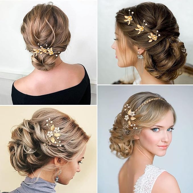 6 Pieces Bridal Wedding Hair Pins Gold Leaf Crystal Pearl Hair Pins Clips Headpiece Vintage Wedding Hair Accessories Jewelry with Rhinestone for Brides Bridesmaids Flower Girls (Elegant)