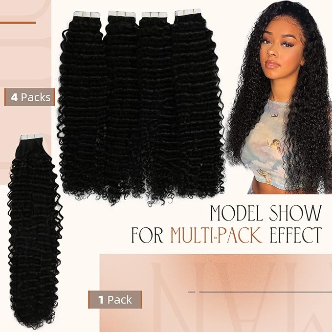 Sunny Hair Curly Tape in Hair Extensions Human Hair Kinky Curly Tape in Extensions for Women Real Hair Natural Black Tape in Human Hair Extensions 14 inch 50g