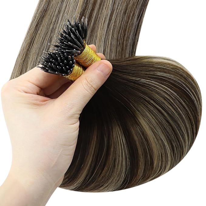 YoungSee 24 inch Nano Beads Hair Extensions Balayage Dark Brown with Ash Blonde Invisible Nano Hair Extensions Human Hair Long Straight Nano Rings Human Hair Extension Balayage Cold Fusion 1g/s 50g