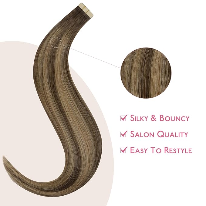 WENNALIFE Tape in Hair Extensions, Human Hair Balayage Chocolate Brown to Caramel Blonde, 10pcs 30g 22 inch Remy Invisible Tape Ins Straight Soft Real Human Hair Extensions