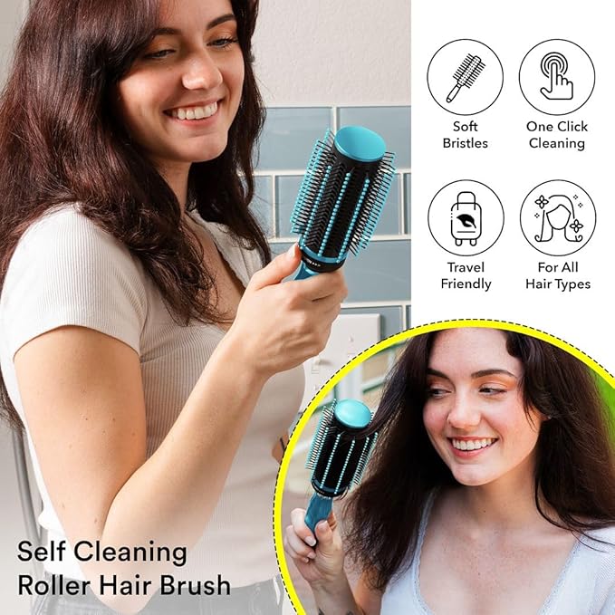 Hair Brushes for Women - Curly Hair Blow Dryer Brush Self Cleaning Detangler Round Brush for Blow Out - Roller Retractable Travel Blue Christmas Gifts