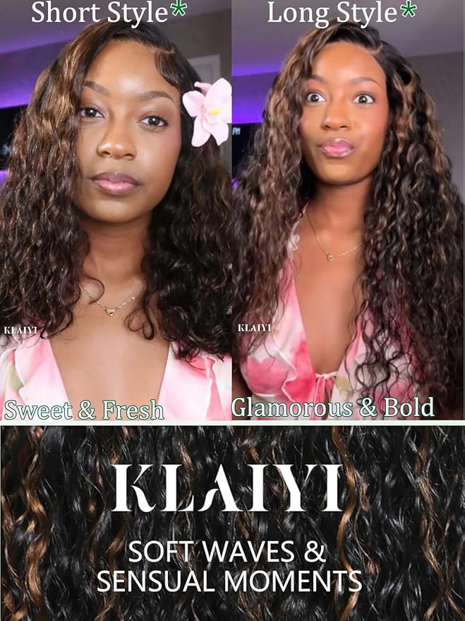 KLAIYI Golden Brown Water Wave Bye Bye Knots Glueless Wig Human Hair Highlight 7x5 Precut Lace Front Pre Plucked Bleached Ombre 3S Ready to Wear Go Beginners Wig with Dark Roots Deep Curly Wave 18Inch