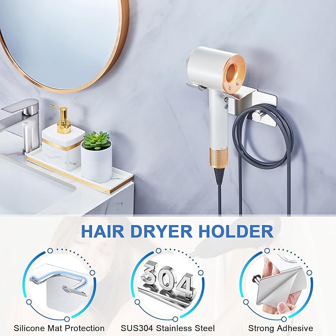Hair Dryer Holder Wall Mounted, Blow Dryer Holder Adhesive, Metal Hairdryer Holder for Bathroom, Hair Tool Organizer with Plug&Cord for Cabinet Bathroom Bedroom Barber Shops