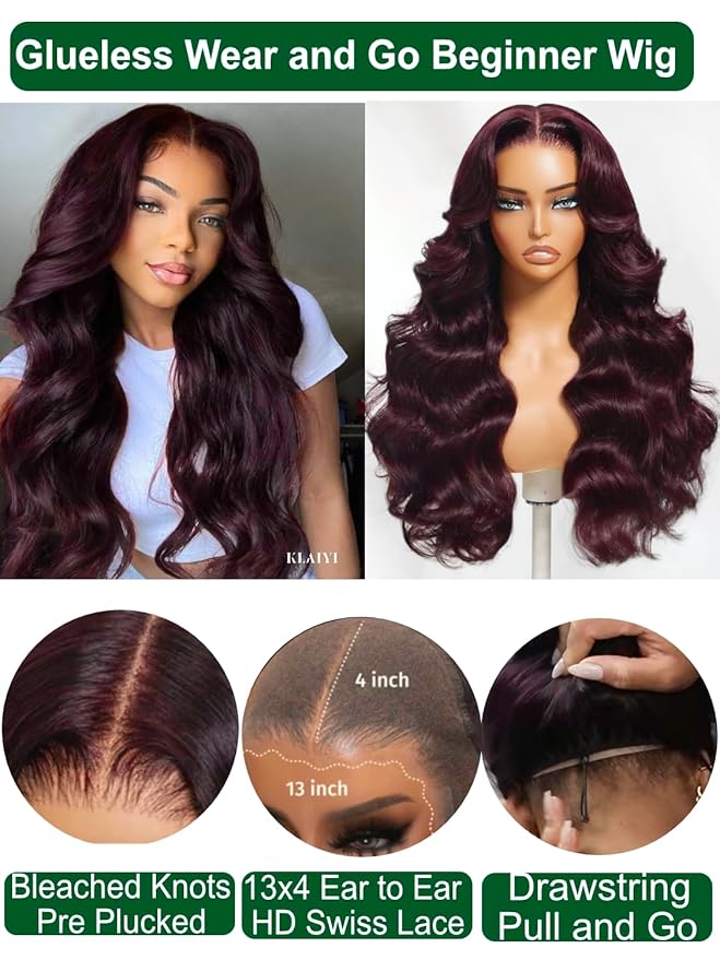 KLAIYI Black Cherry Loose Body Wave Pre Eeverything 13x4 Lace Frontal Wigs Human Hair Bye Bye Knots Glueless Ready to Wear and Go Wig with Face Framing Bangs Drawstring Pre Plucked Burgundy Wig 24Inch