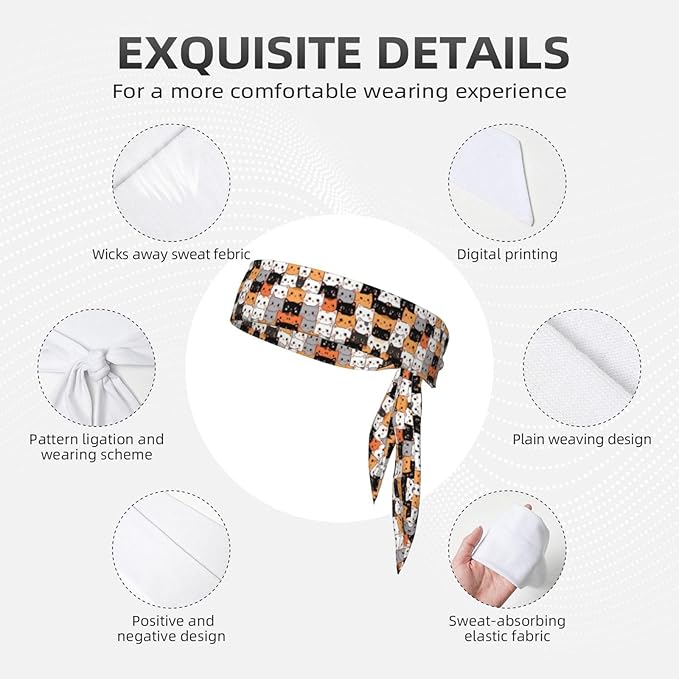 Men's Women Lovely Sports Sweat Band Hair Decor for Sports Workout Spa, Long Boho Style Cute Cat Kitten Head Cartoon Cats Head Ribbon Headwear