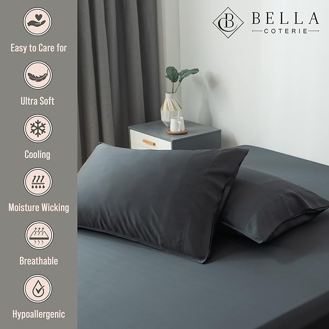 Bella Coterie | Luxury Bamboo Viscose Standard Size Pillowcase Set | 100% Organically Grown | Ultra Soft | Cooling | 2 Pcs [Charcoal Grey]