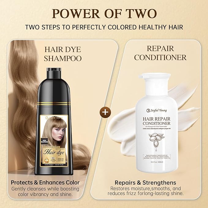 Natural Hair Dye Shampoo 3 IN 1, Gray Hair Coverage, Vegan, Ammonia-Free & Paraben-Free Hair Coloring Shampoo for Women & Men, Beard Dye for Men, Nourishing Gentle (ASH BLONDE)