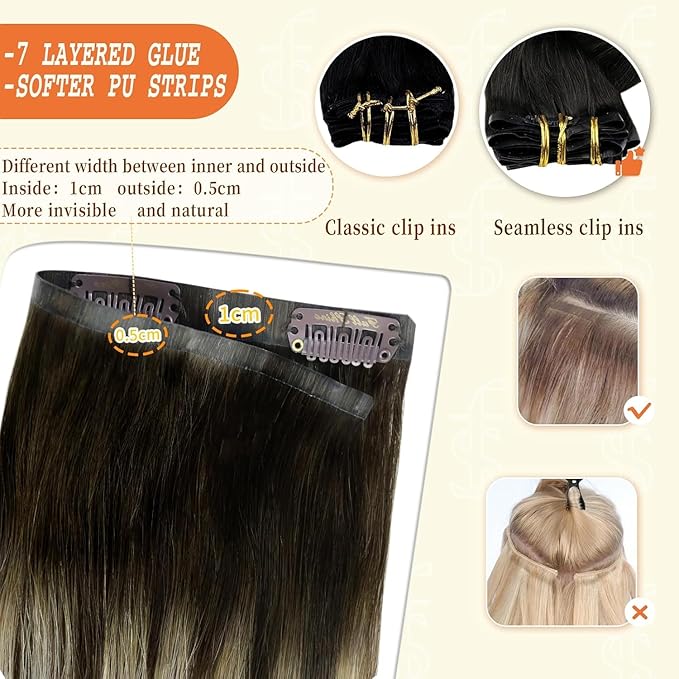 Full Shine Seamless Hair Extensions Clip in 14 Inch Brown Balayage Clip in Hair Extensions Straight Dark Brown Balayage Platinum Blonde Hair Softness 8 PCS 120 Grams