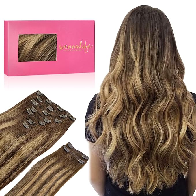 WENNALIFE Clip in Hair Extensions, 150g 20 Inch 9pcs Balayage Chocolate Brown to Honey Blonde Remy Hair Thicker Double Weft Extensiones De Cabello Humano Con Clip Ins Straight Full Volume