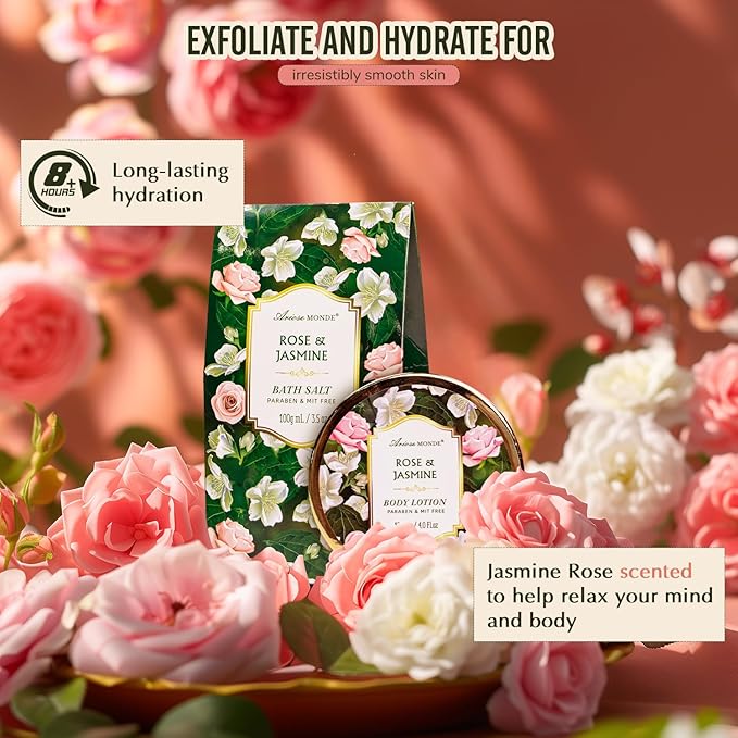 Gift Basket for Women - 8 Pc Rose & Jasmine Beauty & Personal Care Set - Home Bath Pampering Package for Relaxing - Spa Self Care Kit - Thank You, Birthday, Mom, Anniversary, Christmas Gift