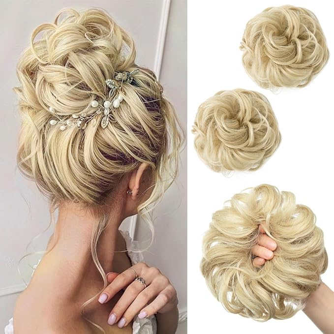 SARLA 2PCS Messy Hair Bun Hair Pieces Wavy Curly Synthetic Updo Fake Scrunchies Ponytail Extension for Women Ash Blonde
