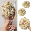 SARLA 2PCS Messy Hair Bun Hair Pieces Wavy Curly Synthetic Updo Fake Scrunchies Ponytail Extension for Women Ash Blonde