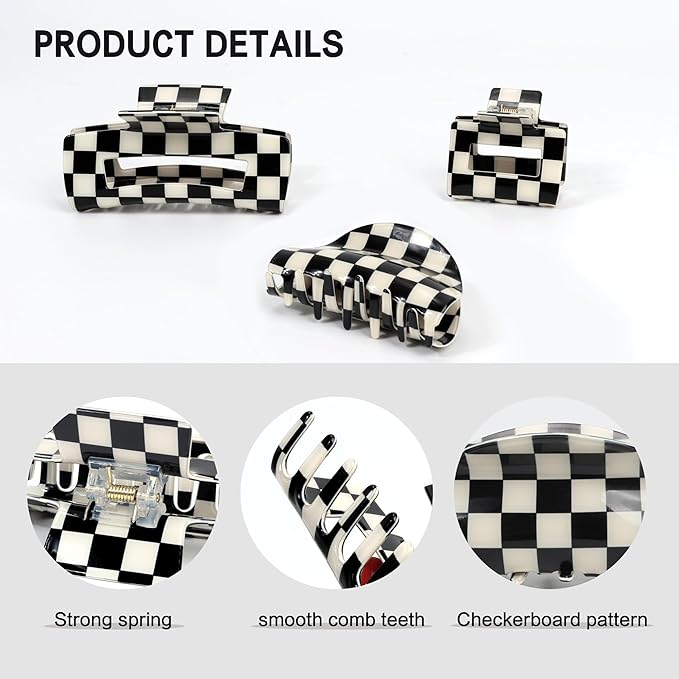 3 PCS Checkered Hair Claw Clips for Thick and Thin Hair Large Hair Clips Square Y2K Hair Checker Barrettes Black And White Checkered Jaw Clip Non Slip Checkerboard Clamps Hair Accessories for Women
