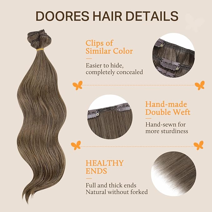 DOORES Hair Extensions Clip in Human Hair, Dirty Light Ash Brown 120g 7pcs 18 Inch, Clip in Extensions Real Natural Straight Thick Weft