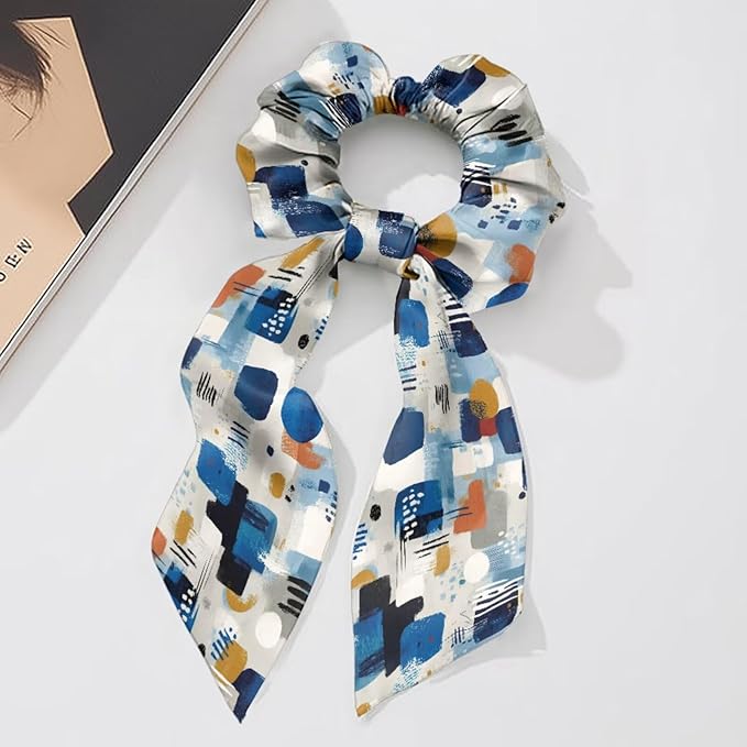 Abstract Art Hair Scarf Scrunchies for Women Pack of 2 Geometry Elastic Hair Band with Ribbon Soft Knotted Scrunchy Fashion Accessories
