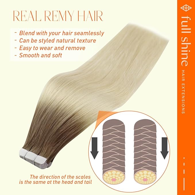 Full Shine Tape in Hair Extensions Human Hair 18 Inch Double Sided Tape in Extensions Remy Hair Color Ash Brown Ombre Platinum Blonde Balayage Tapes Extensions 20 Pcs 50G
