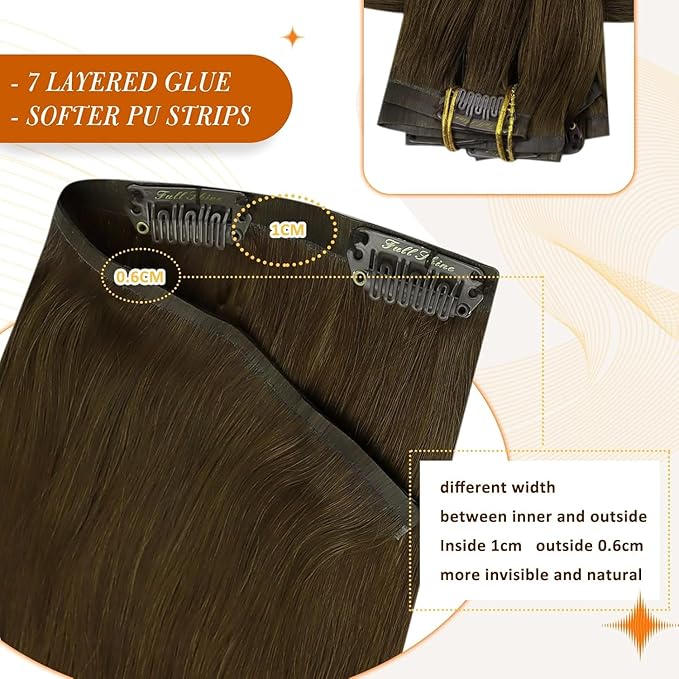 Full Shine Real Hair Extensions Clip in Human Hair Brown Seamless Hair Extensions Clip in Natural Brown Straight PU Weft for Short Hair 12 Inch 95 Grams 8 PCS