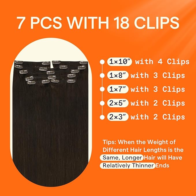 Full Shine Long Clip in Hair Extensions Brown Human Hair Clip in Extensions 22 Inch Straight Real Human Hair Dark Brown Hair Extension for Women 7 Pcs