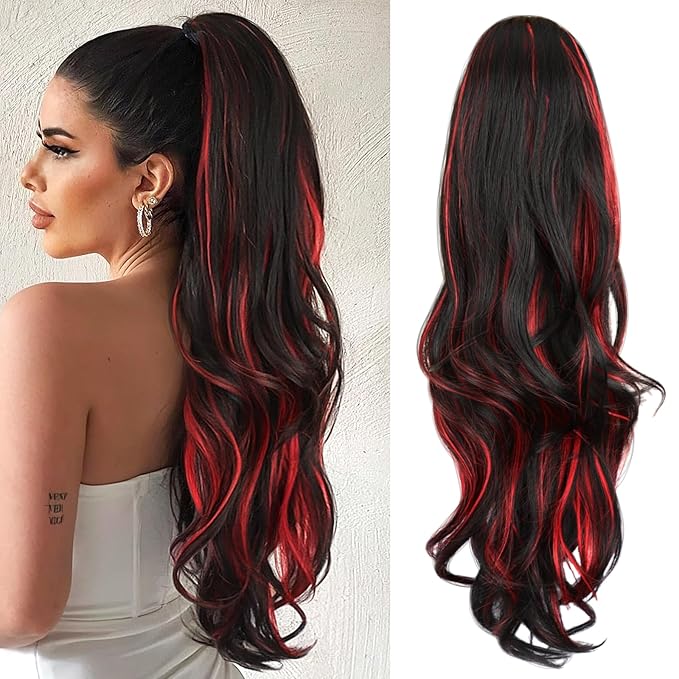 Ponytail Extension, Drawstring Ponytail Extension for Women 26 Inch Long Wavy Highlights Pony Tails Hair Extensions Synthetic Clip in Ponytail Hairpiece for Women(H1B/113)