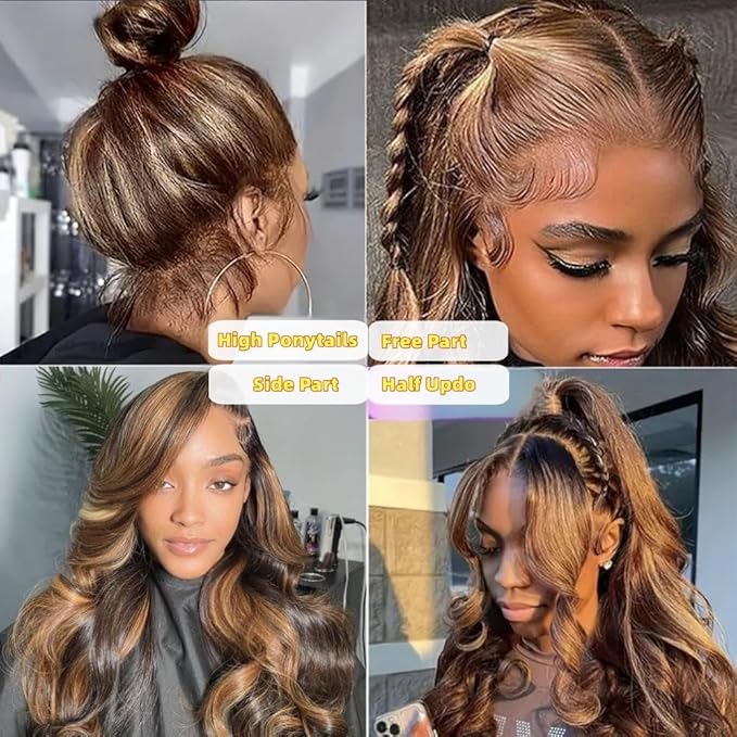 AMIRTY 250 Density 34 Inch Highlight Ombre 360 Lace Front Wig Human Hair Honey Blonde Body Wave HD Lace Front Wigs Human Hair Pre Plucked Brown 4/27 Colored Lace Frontal Glueless Wigs for Women