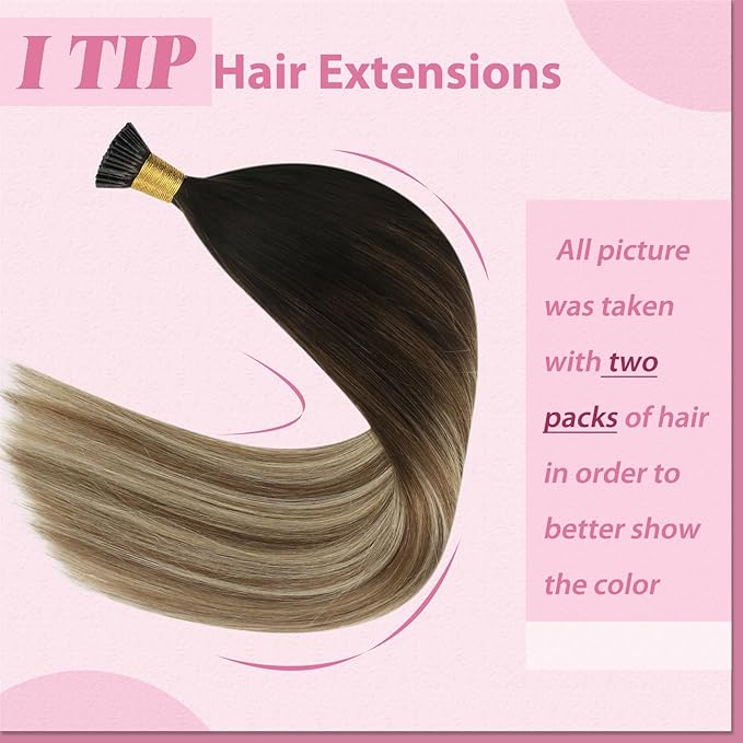 YoungSee I Tip Extensions Brown Balayage 18 Inch Itip Hair Extensions Real Human Hair Ombre Dark Brown to Blonde with Brown Itips Human Hair Extensions Pre Bonded Hair Extension Natural 60s 50g