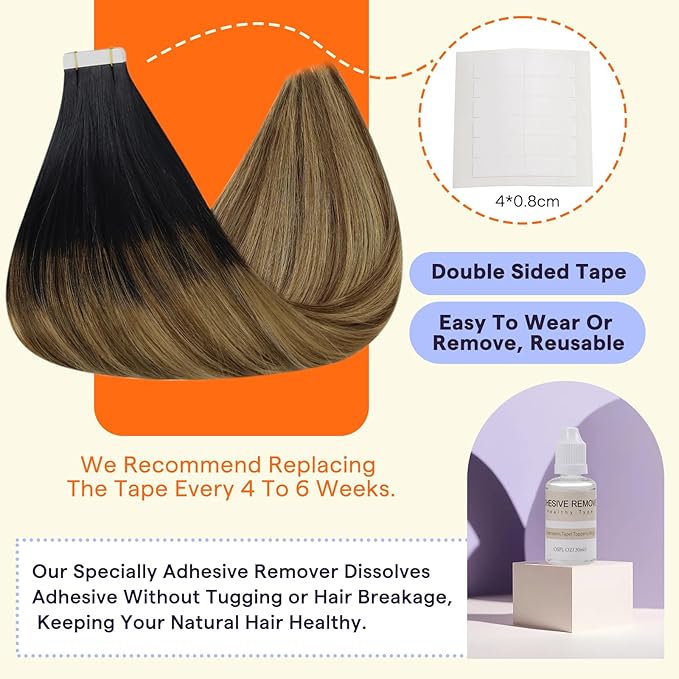 Full Shine Tape in Hair Extensions Human Hair 18 Inch Balayage Color 1B Off Black Fading to 6 Brown and 27 Honey Blonde 20PCS Invisible Double Sided Human Hair Extensions Tape in 50 Grams for Women
