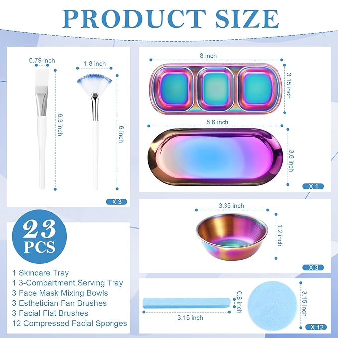 23 Rainbow Esthetician Facial Supplies 3 Stainless Steel Face Mask Mixing Bowls 3 Fan Brushes Esthetician 3 Facial Flat Brushes Skincare Tray 3-Compartment Serving Tray 12 Compressed Facial Sponges