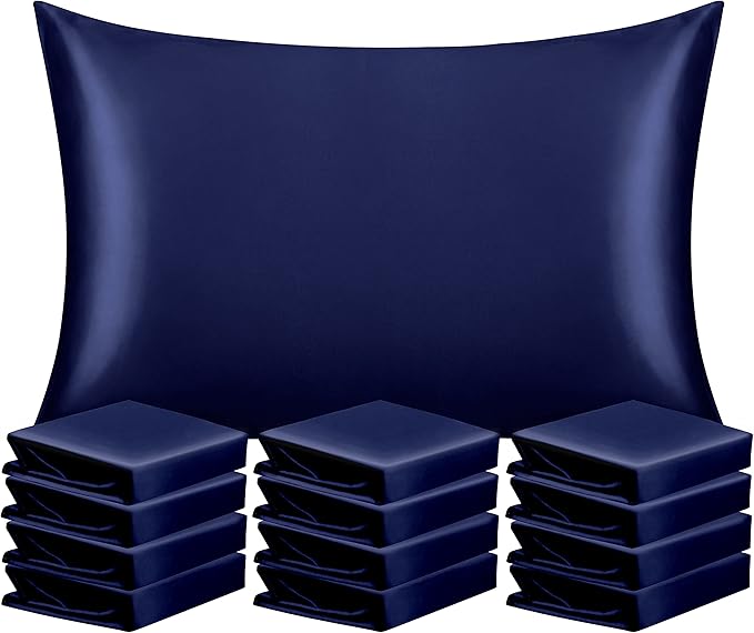 NTBAY 12 Pack Satin Queen Pillowcases for Hair and Skin, Luxurious and Silky Pillow Cases with Envelope Closure, 20 x 30 Inches, Navy Blue