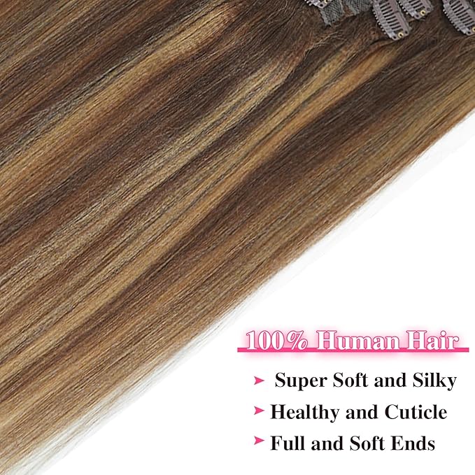 #4/27/4 Yaki Straight Clip in Hair Extensions Real Human Hair Omber Clip ins For Women Yaki Straight Clip on Hair(16inch,#4/27/4)