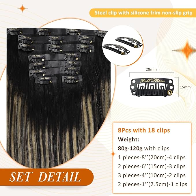 Full Shine Real Hair Clip in Extensions Balayage Seamless Clip ins Off Black to Black With Caramel Blonde Invisible Hair Extension Black Remy Natural Hair Longevity 120 Grams 18 Inch 8 Pcs