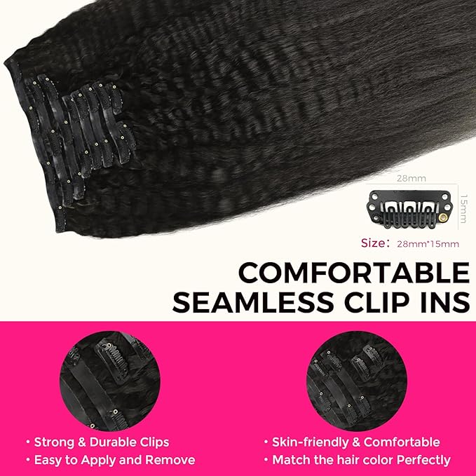 Lashey Seamless Clip in Hair Extensions Human Hair Kinky Straight 130g 9pcs 18 Inch Natural Black Invisible PU Weft Clip in Hair Extensions for Women