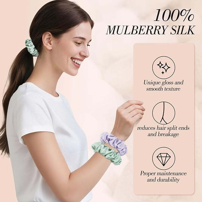 4Pcs Mulberry Silk Hair Scrunchies, Silk Hair Ties for Hair Sleep for Frizz Breakage for Women Girls
