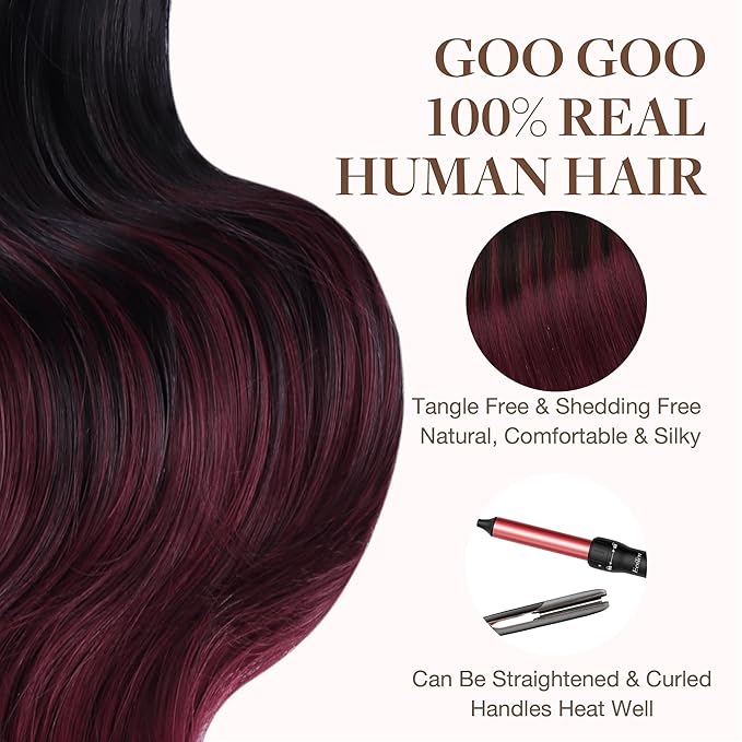 GOO GOO Tape in Hair Extensions Human Hair, 1/99 Balayage Jet Black to Red, 10inch 30g 20pcs, Skin Weft Seamless Invisible, Silky Straight with Thick Ends, Remy Human Hair
