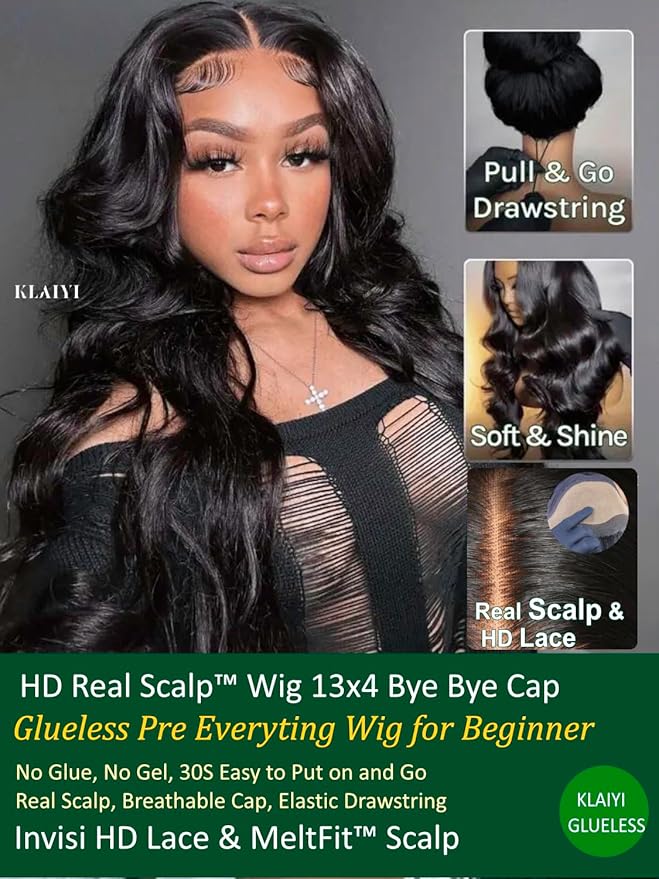 KLAIYI HD Real Scalp Wig 13x4 Lace Frontal Human Hair Wig Loose Body Wave with Face Framing Curtain Bangs Pre Everything Glueless 3S Wear and Go Precut Lace Pre Plucked Pre Bleached 180%Density 18Inch