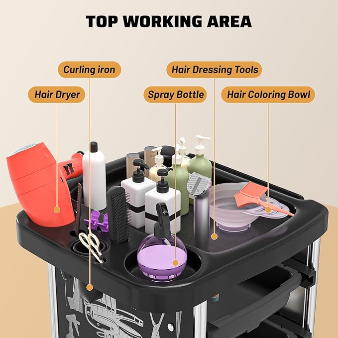 Salon Rolling Trolley with 4 Drawers/Heat-Resistent Accessories/Stainless Steel Frame Storage Tool for Barbershop Beauty Spa and Hair Salon Beauty Black