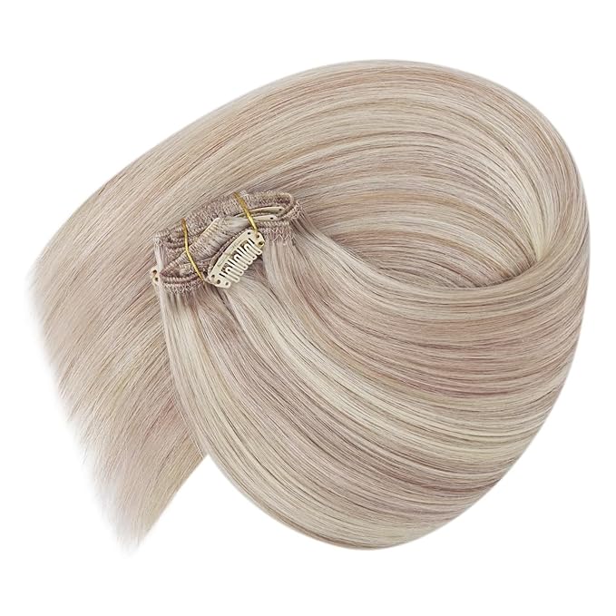 Ve Sunny Real Hair Extensions Clip in Human Hair Ash Blonde Highlight Bleach Blonde Remy Human Hair Clip in Extensions Straight 16inch 120g 7pcs