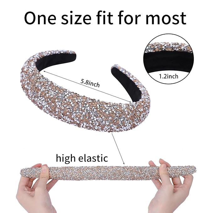 2PCS Rhinestone Wide Headbands for Women Sparkle Padded Headband Fashion Glitter Hairbands Comfort High Elastic Head Band Bling Hair Accessories for Womens Girls Hair